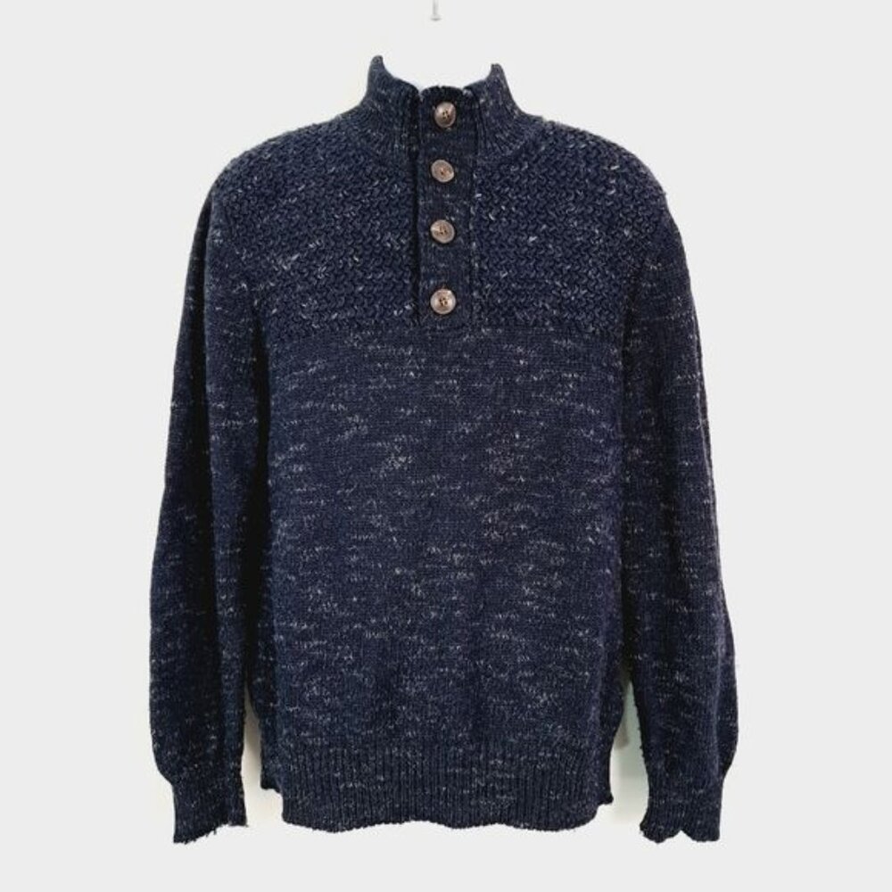 Paolo Mondo Navy Blue Chunky Knit‎ Marled Quarter Button Sweater Size L